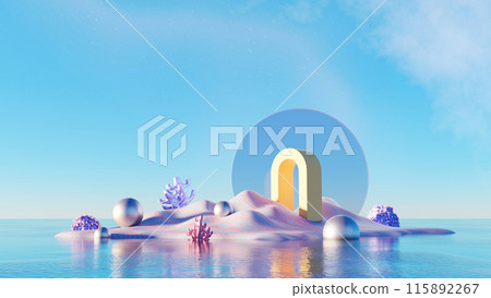 3d Render, Surreal landscape with geometric arches, circle and metallic ball on pastel dune desert, lake and beautiful sky, fantasy scene. 115892267