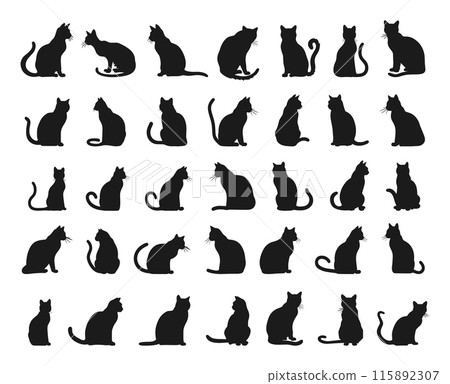 Cats Black Silhouettes Icons Set. Minimalistic Style Vector Illustration Feline Animal Shape Outline Simple Minimalist Design Domestic Creatures Kitten Graphics Clipart 115892307