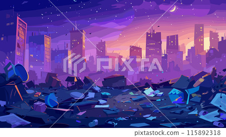 Cartoon urban rubbish in the background of a city with skyscrapers background. Urban Waste Pollution Problem Cityscape Skyline Environmental Concerns Trash Disposal Metropolitan 115892318