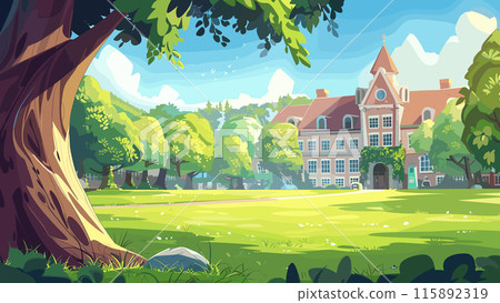 Cartoon university campus with lawn and tree in the foreground landscape. Academic Environment Educational Institution College Life Scenic View Campus Greenery Tranquil Learning Cartoon university campus with lawn and tree in the foreground landscape. Academic Environment Educational Institution College Life Scenic View Campus Greenery Tranquil Learning 115892319