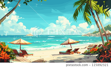 Cartoon The beach with sun loungers and beach umbrellas against the backdrop of the Ocean background. Luxury Resort Seaside Relaxation Coastal View Tropical Paradise Holiday 115892321