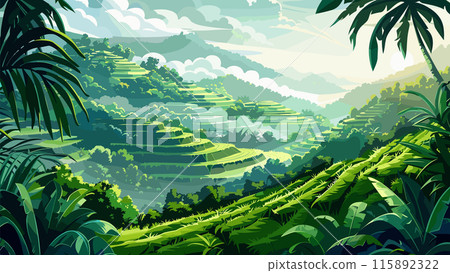 Cartoon terraced farming on hillsides against a backdrop of high mountains Farming High Altitude Scenic View Rural Countryside Agricultural Practice Mountainous Terrain Sustainable 115892322
