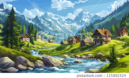 Cartoon Swiss village landscape with chalets along a mountain stream background. Idyllic Mountain Stream Mountain Stream in Countryside Flowing Stream Babbling Brook 115892324