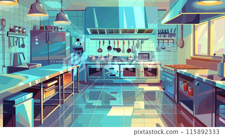 Cartoon Restaurant kitchen interior with shiny metal tables and professional chefs utensils background. Culinary Workspace Stainless Steel Equipment Cooking Area Kitchen Tools 115892333