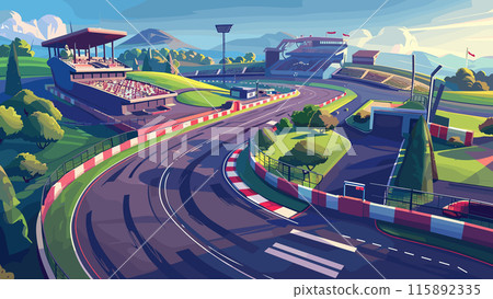 Cartoon race track with grandstands background. Motorsport Circuit Spectator Stands Racing Arena Pit Lane Speed Track Exciting Competition Vibrant Atmosphere Cheerful High-Speed Cartoon race track with grandstands background. Motorsport Circuit Spectator Stands Racing Arena Pit Lane Speed Track Exciting Competition Vibrant Atmosphere Cheerful High-Speed 115892335