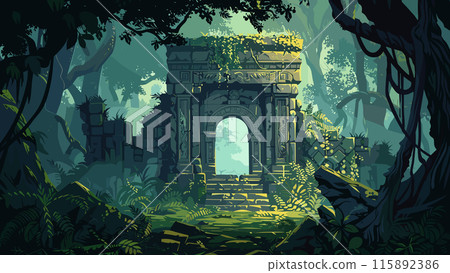 Cartoon forgotten temple deep within a dense jungle overgrown with moss and vines background. Ancient Ruins Hidden Temple Lush Vegetation Tropical Rainforest Mystical Atmosphere 115892386