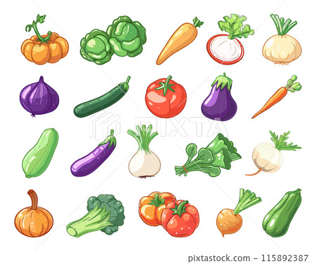 Cartoon Different Vegetables Set. Simple Style White Background Fresh Produce Healthy Eating Organic Food Assortment Nutrition Ingredients Vector Illustrations Kitchen Cooking 115892387