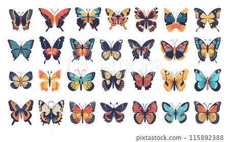 Cartoon Different Tropical Butterflies Set. Simple Style White Background Exotic Insects Colorful Wings Nature Wildlife Illustrations Butterfly Species Collection Vector Clipart 115892388
