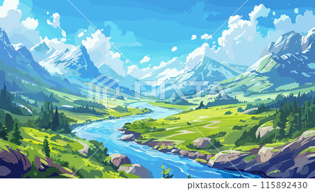 Cartoon Aerial view of flowing river with stunning highland landscape background. Serene Waterway Majestic Mountains Scenic Highlands Lush Greenery Winding River Picturesque Nature Cartoon Aerial view of flowing river with stunning highland landscape background. Serene Waterway Majestic Mountains Scenic Highlands Lush Greenery Winding River Picturesque Nature 115892430