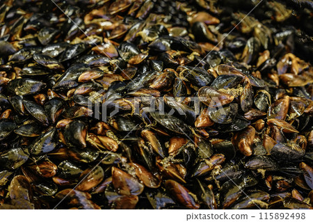 Fresh mussels sold at market, natural background 115892498
