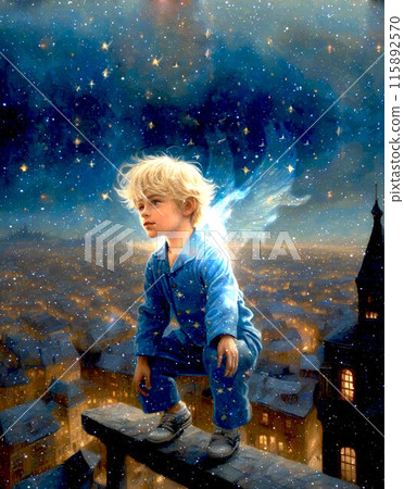 Boy looking at an apartment building on a snowy night - Try Again 115892570