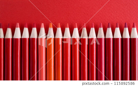 Closeup of many shades of red wooden pencils 115892586