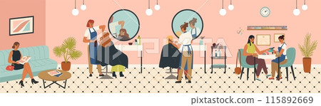 Hairdresser salon vector illustration with hairstylists and clients 115892669