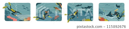 Scuba diving underwater activity cartoon scene set Scuba diving underwater activity cartoon scene set 115892676