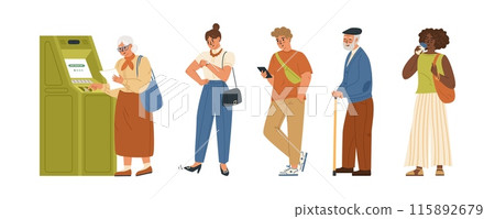 People queue cartoon characters to ATM machine People queue cartoon characters to ATM machine 115892679