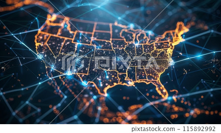 Visualizing data transfer and telecommunication across the usa, abstract map illustration Visualizing data transfer and telecommunication across the usa, abstract map illustration 115892992