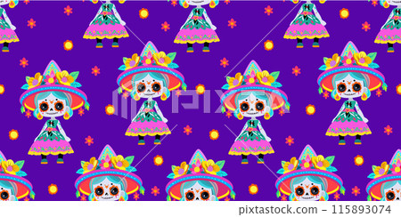 Bright vector seamless pattern with Catrina's on vivid liolet background. Day of the Dead concept 115893074
