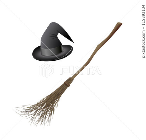 Witch hat and magic broom. Halloween stickers. Set of vector illustrations for all saints ' day. Mystical witchcraft. Print. 115893134