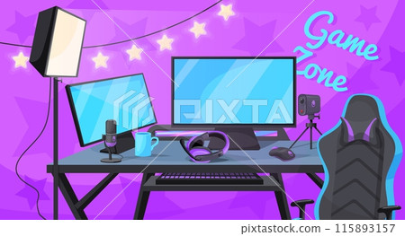Gamer workplace. Game blogger streamer table in home room, gaming setup communication streaming equipment for player desk computer headphones camera chair, neat illustration 115893157