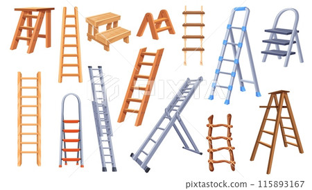 Cartoon step ladders. Tall ladder work tool, climb stairway stand high staircase metal aluminium or wooden stairs renovation household inventory instrument neat illustration 115893167
