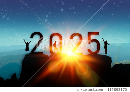 New year 2025 or straight forward concept. Text 2024 to 2025 written on the mountain top with at sunrise. Concept of planning, goal, challenge, new year resolution and start. 115893170