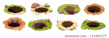 Ground pits. Big dig pit soil, earth hole mud land surface garden forest animal groundhog burrow entrance deep underground grounds holes set cartoon ingenious illustration 115893177