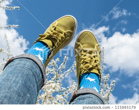 Trendy sneakers and colorful socks. Closeup, outdoors 115893179