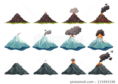 Volcano eruption stages. Volcanic mountain erupt animation, vulcano magma lava flowing down crater fire flame smoke ash cloud, natural disaster stage ingenious illustration 115893196