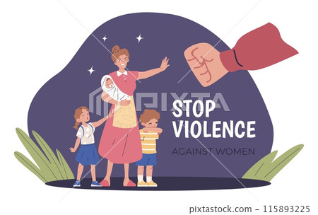 Mother against violence. Abusive husband fist fight with wife, woman protect scared children, family home conflicts domestic bullying pressure unhappy marriage illustration Mother against violence. Abusive husband fist fight with wife, woman protect scared children, family home conflicts domestic bullying pressure unhappy marriage illustration 115893225