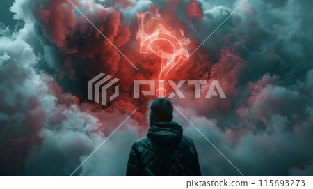 Man is staring at a red question mark in a dramatic sky, feeling lost and confused 115893273