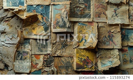 Vintage and textured background created by old, torn comic books overlapping Vintage and textured background created by old, torn comic books overlapping 115893274