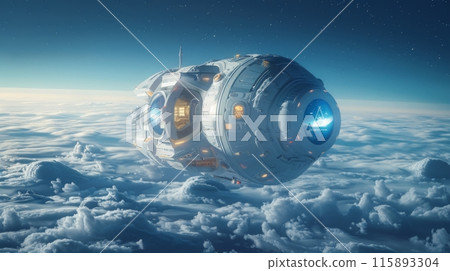 White and futuristic spaceship is flying above the clouds White and futuristic spaceship is flying above the clouds 115893304