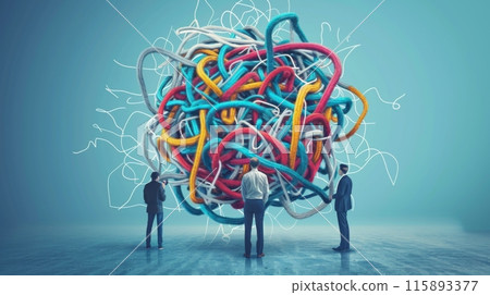 Three businessmen observing a giant tangled ball of yarn, representing the complexity of business problems Three businessmen observing a giant tangled ball of yarn, representing the complexity of business problems 115893377