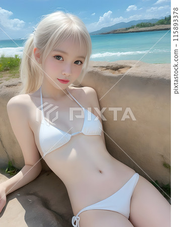 A young woman in a swimsuit lying on rocks by the sea 115893378