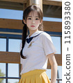 A high school girl walking in front of the building on her way to school 115893380