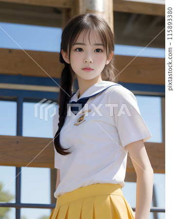 A high school girl walking in front of the building on her way to school 115893380