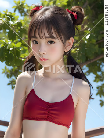 Young woman in a swimsuit on a sunny beach 115893384