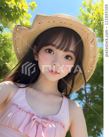 一個戴著帽子的女人在公園裡看著我 115893389