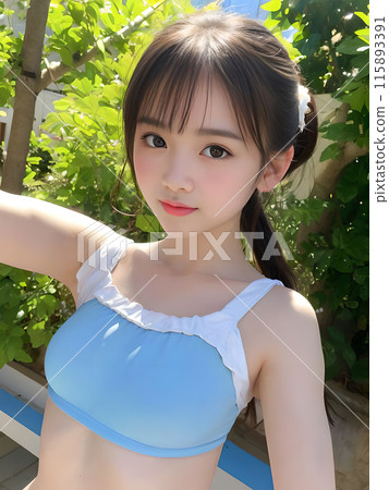 Young woman in a swimsuit posing under a tree 115893391
