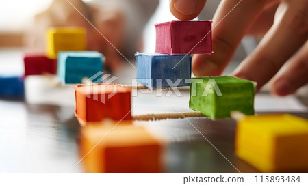Businessman is building a bridge between colorful cubes with a rope, in an office 115893484