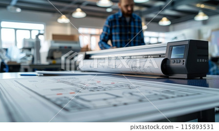 Architect works in the background as a large format printer produces technical drawings 115893531