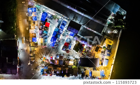 night market aerial view, colorful tents with products and food night market aerial view, colorful tents with products and food 115893723