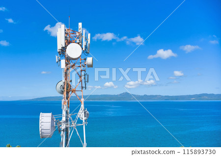 aerial view around of the telecommunication tower. tower antennas satellite transmits the signals 115893730