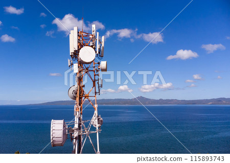 aerial view around of the telecommunication tower. tower antennas satellite transmits the signals 115893743