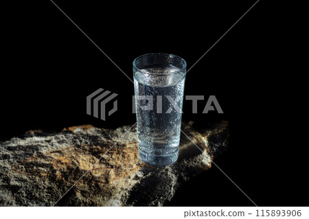 a glass of water with walls fogged up from the cold on a rock on a black background 115893906