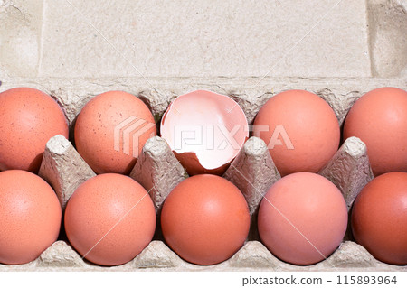 brown chicken eggs in recyclable cardboard packaging 115893964