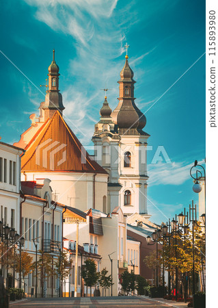 Pinsk, Brest Region, Belarus. Cathedral Of Name Of The Blessed Virgin Mary And Monastery Of The Greyfriars. Famous Historic Landmarks Pinsk, Brest Region, Belarus. Cathedral Of Name Of The Blessed Virgin Mary And Monastery Of The Greyfriars. Famous Historic Landmarks 115893980
