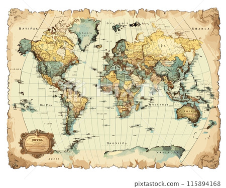 World map cartoon vector illustration. Antique geographical mainlands continents mountain ridges ocean sea ancient routes navigation parchment rare document scroll folio isolated on white background World map cartoon vector illustration. Antique geographical mainlands continents mountain ridges ocean sea ancient routes navigation parchment rare document scroll folio isolated on white background 115894168