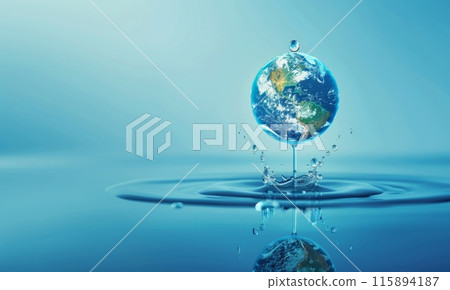 Water drop. Earth globe in blue wave. Ecological protection, nature crisis. Concept of environment ecology, conservation Water drop. Earth globe in blue wave. Ecological protection, nature crisis. Concept of environment ecology, conservation 115894187