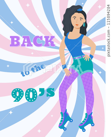 A4 poster with a girl on roller skates in retro style. 90 characters. y2k characters. Fashion of the 90s. Vector illustration.  115894284